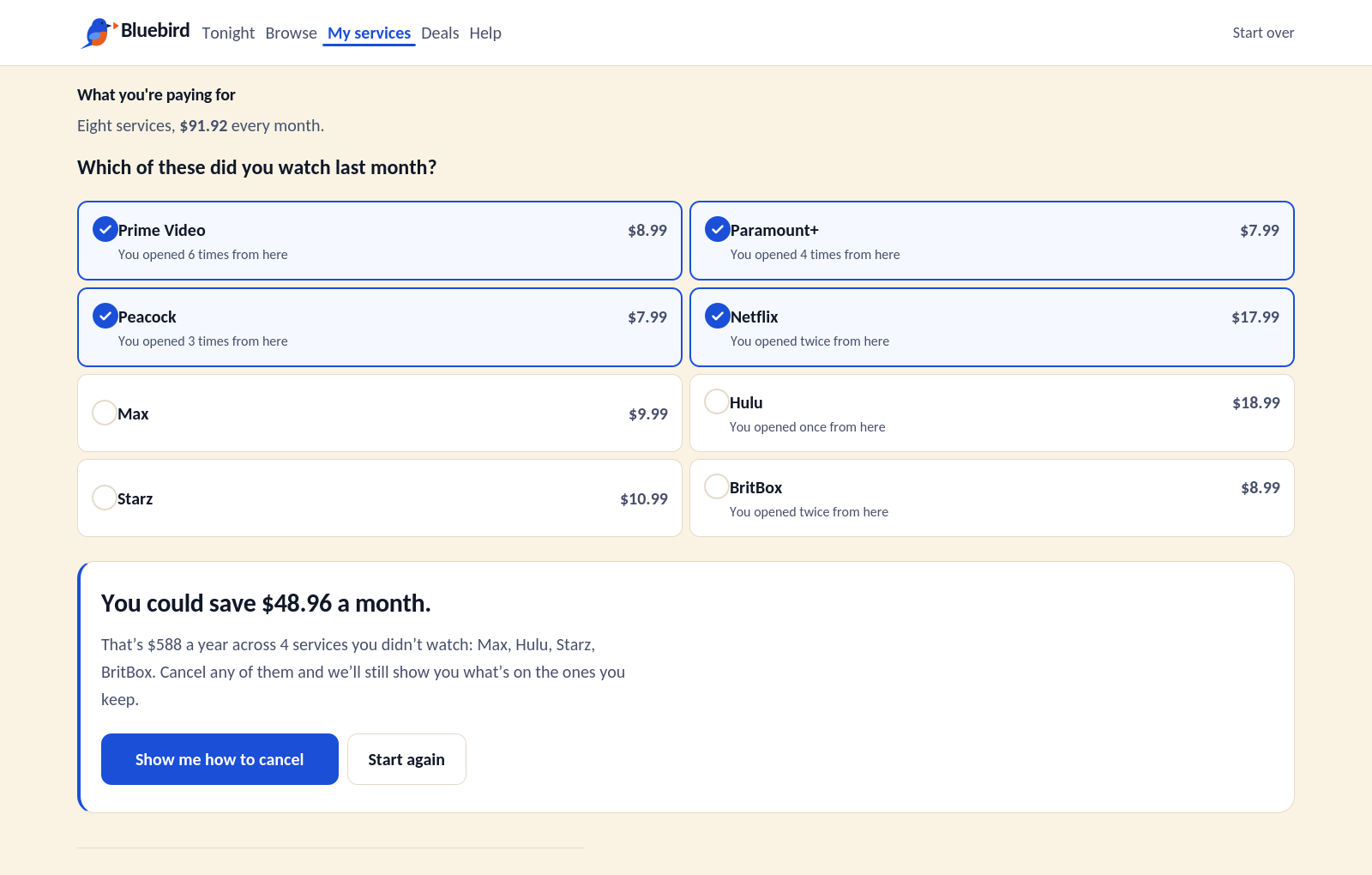 The Bluebird savings screen, showing eight services and a total of $48.96 a month that could be saved